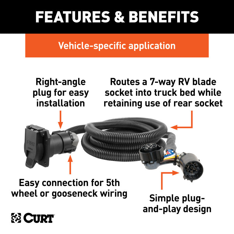 Curt 99-18 Ford F-350 Super Duty 7ft Wiring Harness Extension (Adds 7-Way RV Blade to Truck Bed)