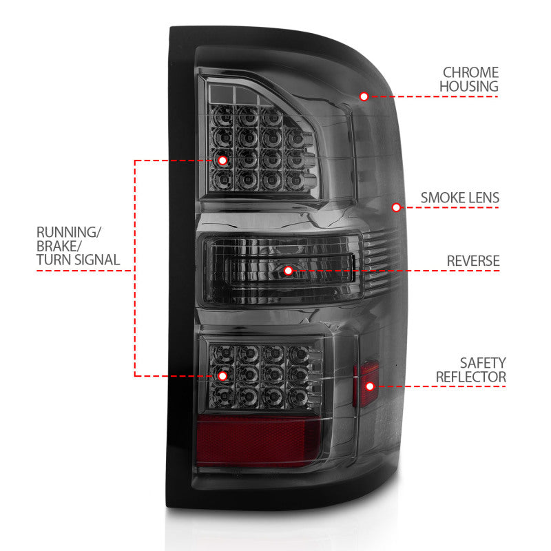 ANZO 2014-2018 GMC Sierra LED Tail Lights Black Housing Smoke Lens