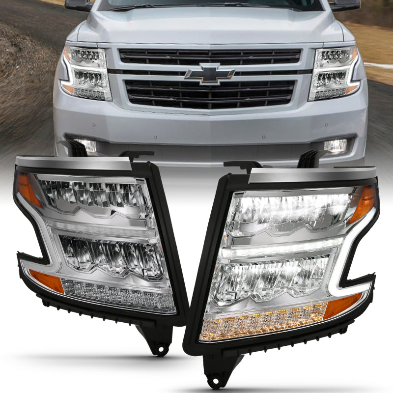 ANZO 15-20 Chevy Tahoe/Suburban LED Light Bar Style Headlights w/Sequential Chrome w/Amber