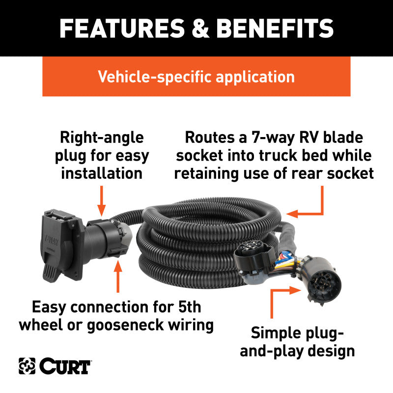 Curt 99-18 Ram 2500 10ft Custom Wiring Harness Extension (Adds 7-Way RV Blade to Truck Bed)