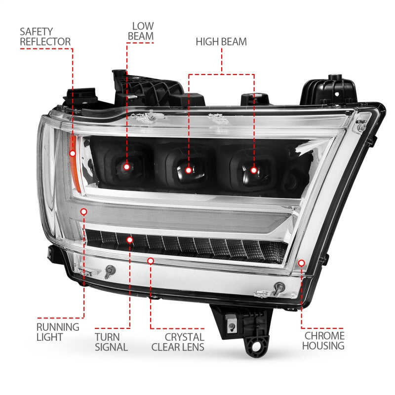 ANZO 19-20 Dodge Ram 1500 Tradesman LED Projector Headlights Plank Style w/Sequential Black (Pass.)
