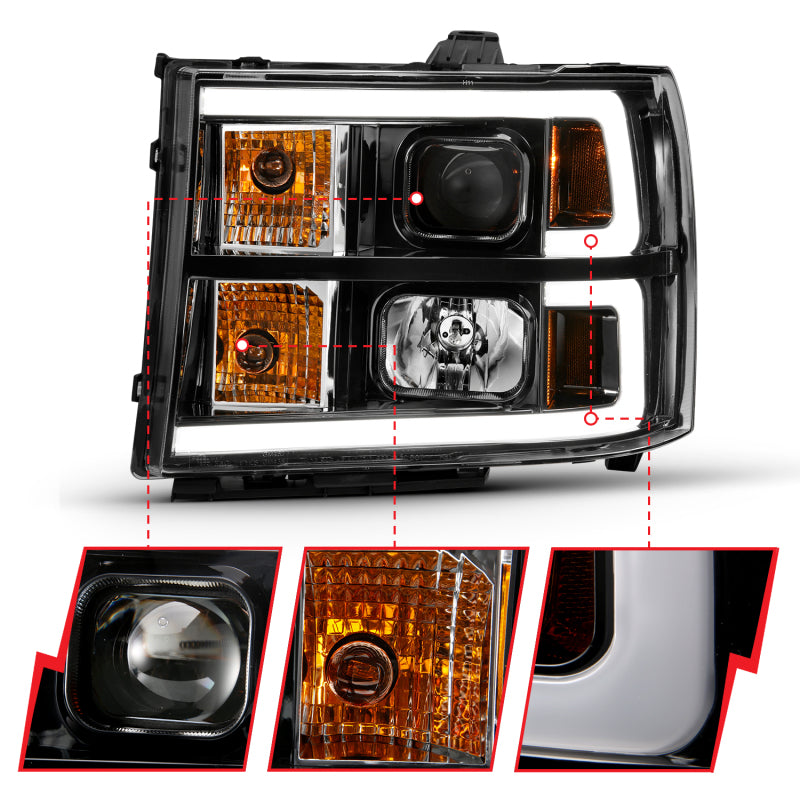 ANZO 2007-2013 Gmc Sierra 1500 Projector Headlight Plank Style Black w/ Clear Lens Amber